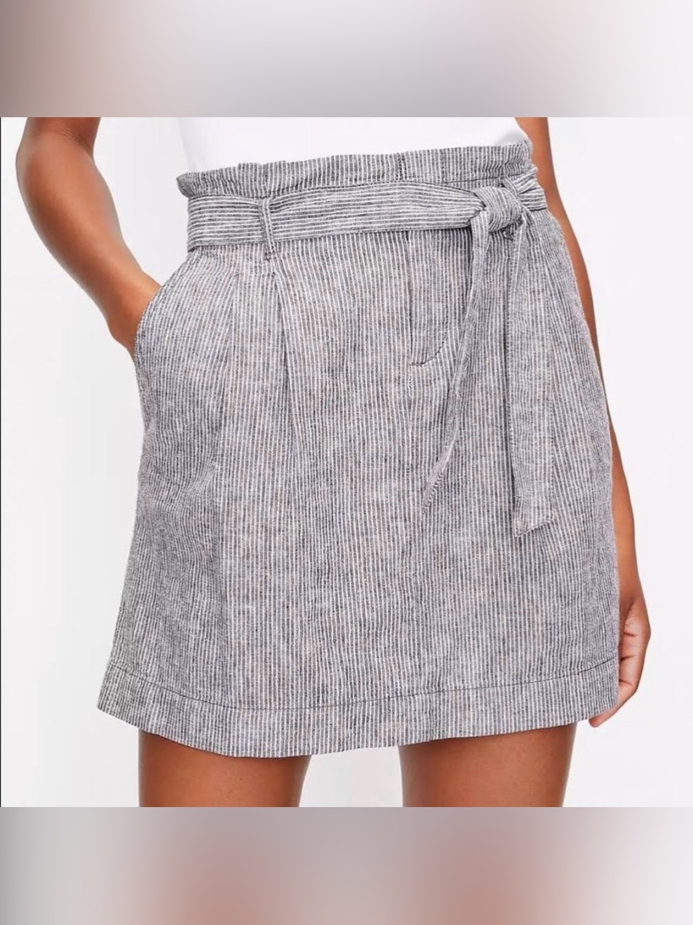 Loft Black and White Linen/Cotton Striped Paperbag Tie-Waist Mini Skirt